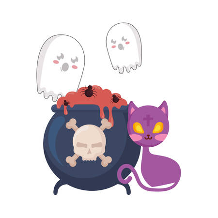 halloween ghosts with cauldron and cat vector illustration designのイラスト素材