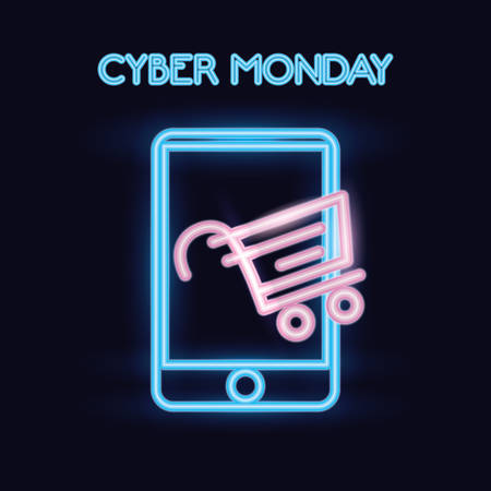 cyber monday sale techology smartphone shopping cart neon vector illustrationのイラスト素材