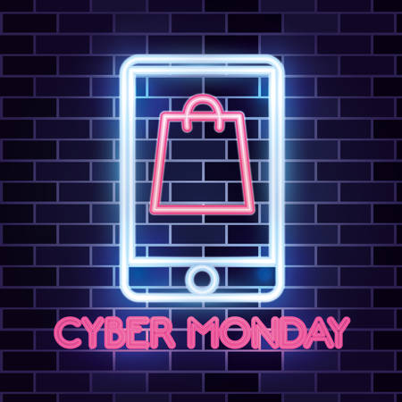 cyber monday sale smartpone screen neon bag vector illustrationのイラスト素材