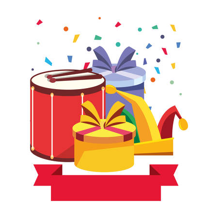 drum jester hat and gifts carnival festival vector illustrationのイラスト素材
