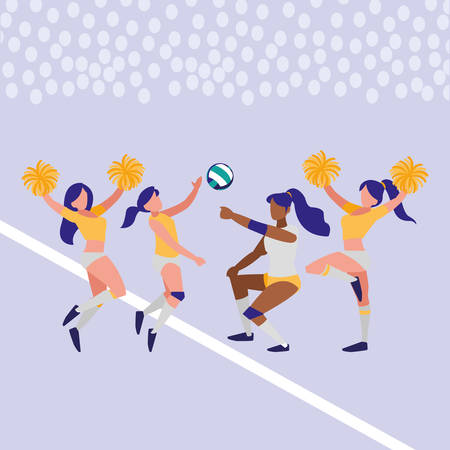 avatar cheerleaders and volleyball players over purple background, colorful design. vector illustrationのイラスト素材