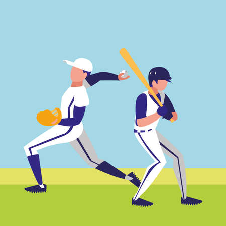 baseball players over landscape background, vector illustration