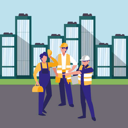 construction workers over city buildings background, colorful design. vector illustration