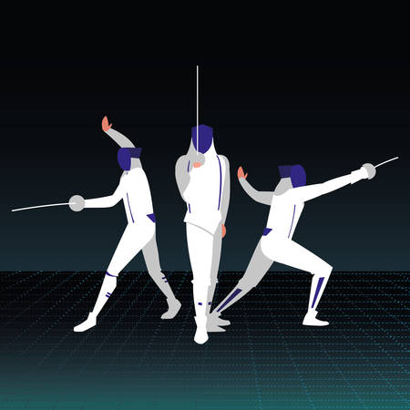 fencing players over black background, colorful design. vector illustration