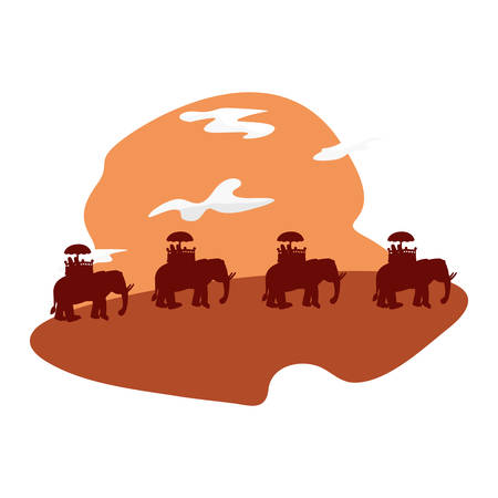 indian elephants in the landscape silhouette vector illustrationのイラスト素材