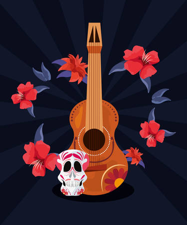 day of the dead leaves flowers guitar skull color vector illustrationのイラスト素材
