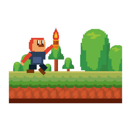 character with torch landscape video game vector illustrationのイラスト素材