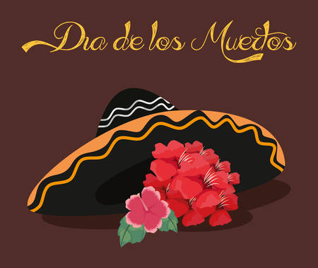 day of the dead sign mexican hat flowers rose vector illustrationのイラスト素材
