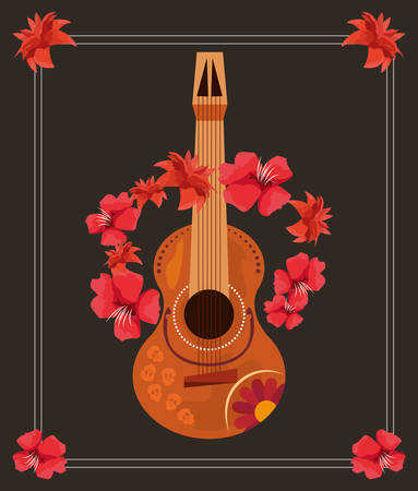 day of the dead red flowers frame music guitar vector illustrationのイラスト素材