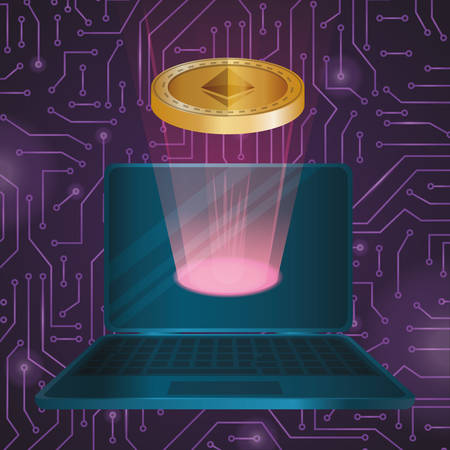 laptop with virtual coin ethereum vector illustration designのイラスト素材