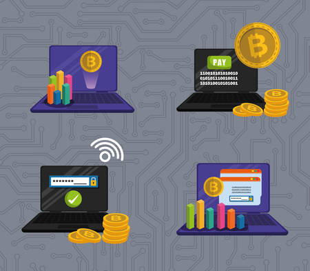 set laptops with virtual coins vector illustration designのイラスト素材