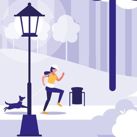 woman running in the park with a dog over purple background, colorful design. vector illustrationのイラスト素材
