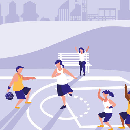 people playing basketball over purple background, colorful design. vector illustrationのイラスト素材