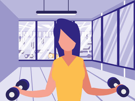 woman exercising with dumbbells in the gym, colorful design.  vector illustrationのイラスト素材