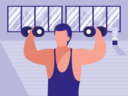 man exercising with dumbbells in the gym, colorful design. vector illustrationのイラスト素材