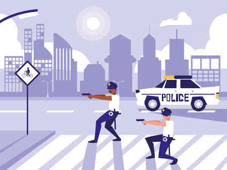 police men with car in road street vector illustration designのイラスト素材