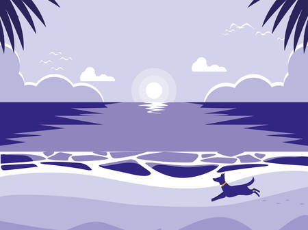 tropical beach with dog mascot vector illustration designのイラスト素材