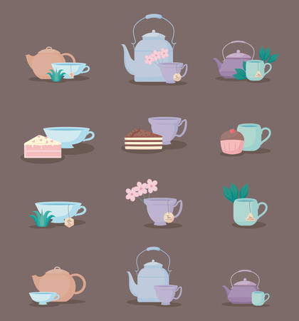 set of teapots and cups tea icon vector illustration designのイラスト素材