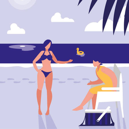 beach with people having a conversation, colorful design. vector illustrationのイラスト素材