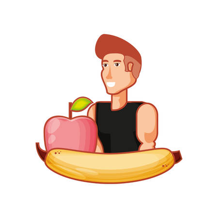 young athletic man with fresh fruits vector illustration designのイラスト素材