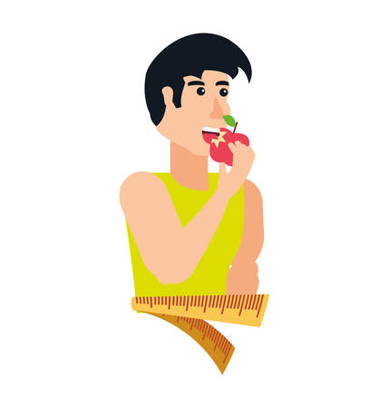 young athletic man eating apple with measuring tape vector illustration designのイラスト素材
