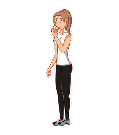 young athletic woman eating apple vector illustration designのイラスト素材