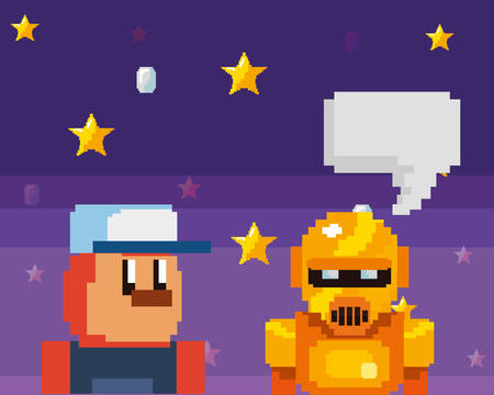 character and robot speech bubble level video game vector illustration