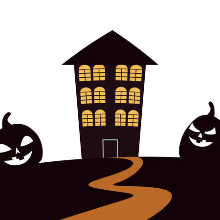 scary halloween house and pumpkins vector illustrationのイラスト素材