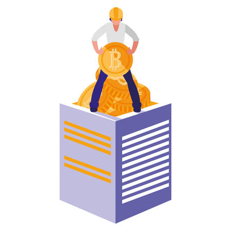man on a cube with bitcoin coins over white background, vector illustrationのイラスト素材