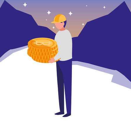 builder with bitcoin coin over landscape  background, vector illustrationのイラスト素材