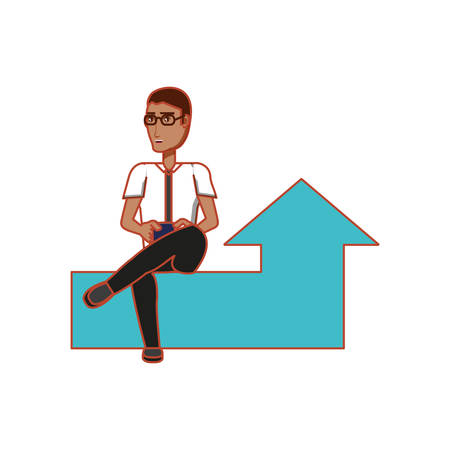 businessman sitting in arrow up with smartphone vector illustration designのイラスト素材