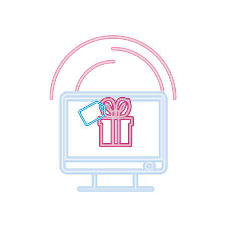 online shopping computer gift tag neon vector illustrationのイラスト素材