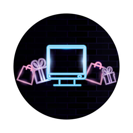 neon computer shopping online gifts vector illustrationのイラスト素材