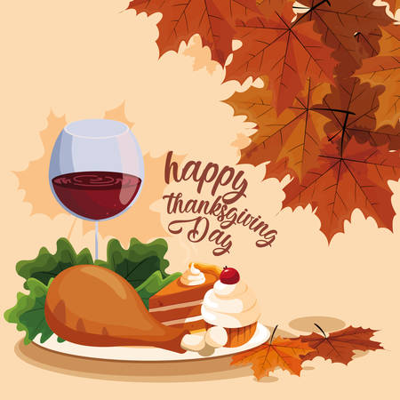 turkey dinner with cup wine and cakes vector illustration designのイラスト素材