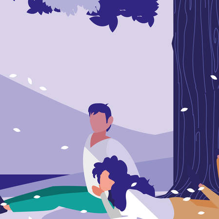 Relaxed couple under  a tree over landscape background, colorful design. vector illustrationのイラスト素材