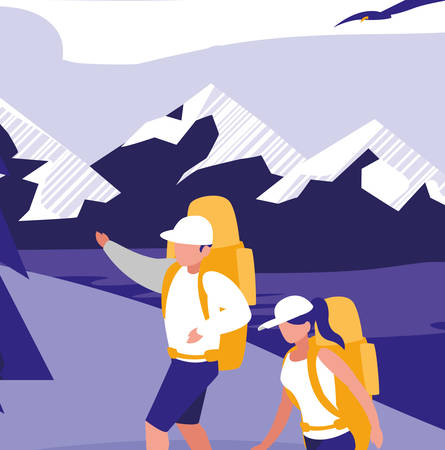 hikers over mountains landscape background, colorful design. vector illustrationのイラスト素材