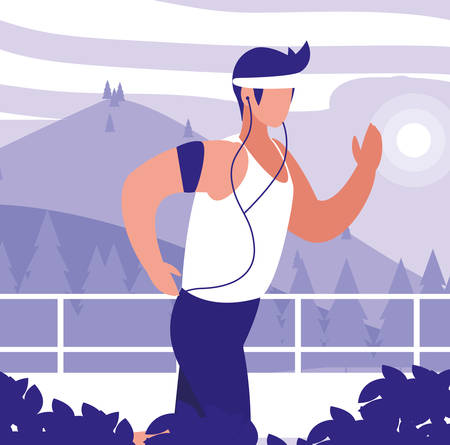 man running over mountains landscape background, colorful design. vector illustrationのイラスト素材