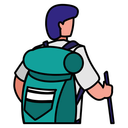 Hiking man with rucksack and stick over white background, vector illustrationのイラスト素材