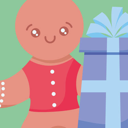 Christmas ginger cookie with gift box over green background, vector illustrationのイラスト素材