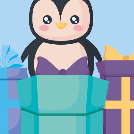christmas penguin with gift boxes over blue background, vector illustrationのイラスト素材
