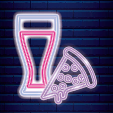 drink with pizza neon light label vector illustration designの素材 [FY310112080743]