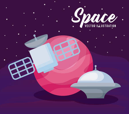 space satellite with planet and spaceship vector illustration designのイラスト素材