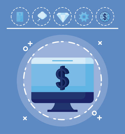 monitor computer with set icons economy finance vector illustration designのイラスト素材