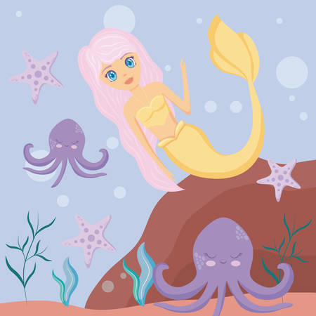 cute siren with octopuses and starfish vector illustration designのイラスト素材