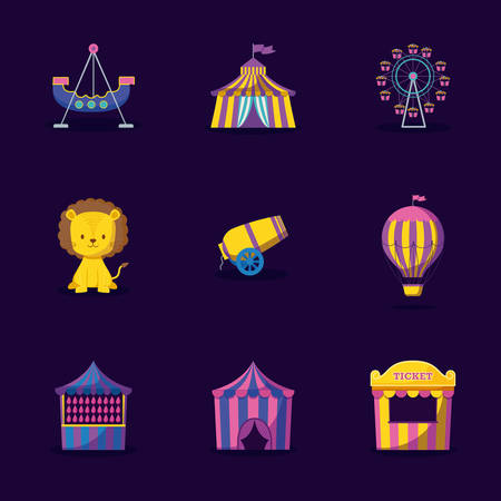 cute lion with set icons circus illustration designのイラスト素材
