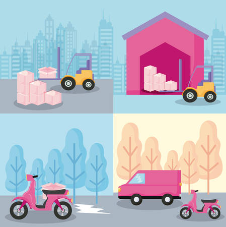 delivery service motorcycle with forklift and van car vector illustration designのイラスト素材
