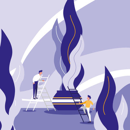 young men with stairs and vase in the landscape vector illustrationのイラスト素材