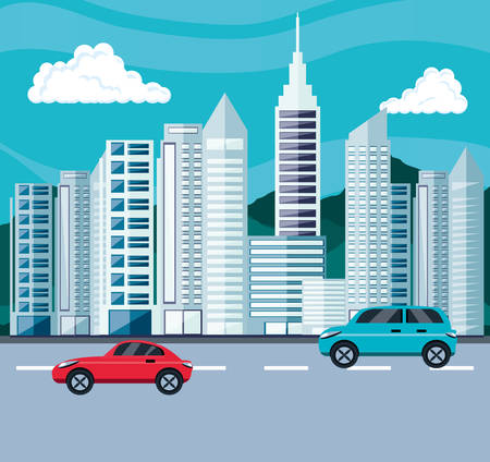 cityscape with buildings and carts vector illustration designのイラスト素材