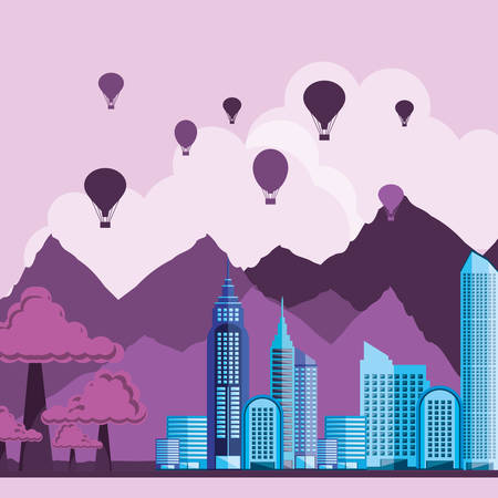 cityscape with buildings and balloons air hot flying vector illustration designのイラスト素材