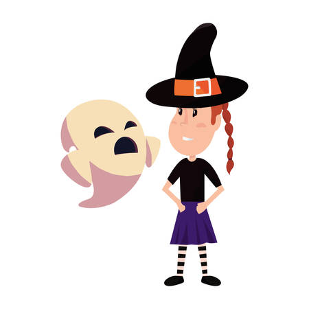 girl in halloween costume with ghost vector illustrationのイラスト素材